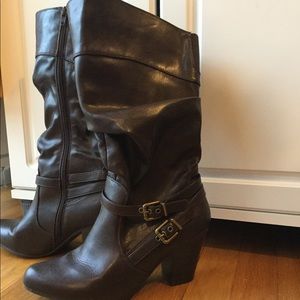 Wide Calf Chunky Heel Mid-Calf Boots Buckle Accent